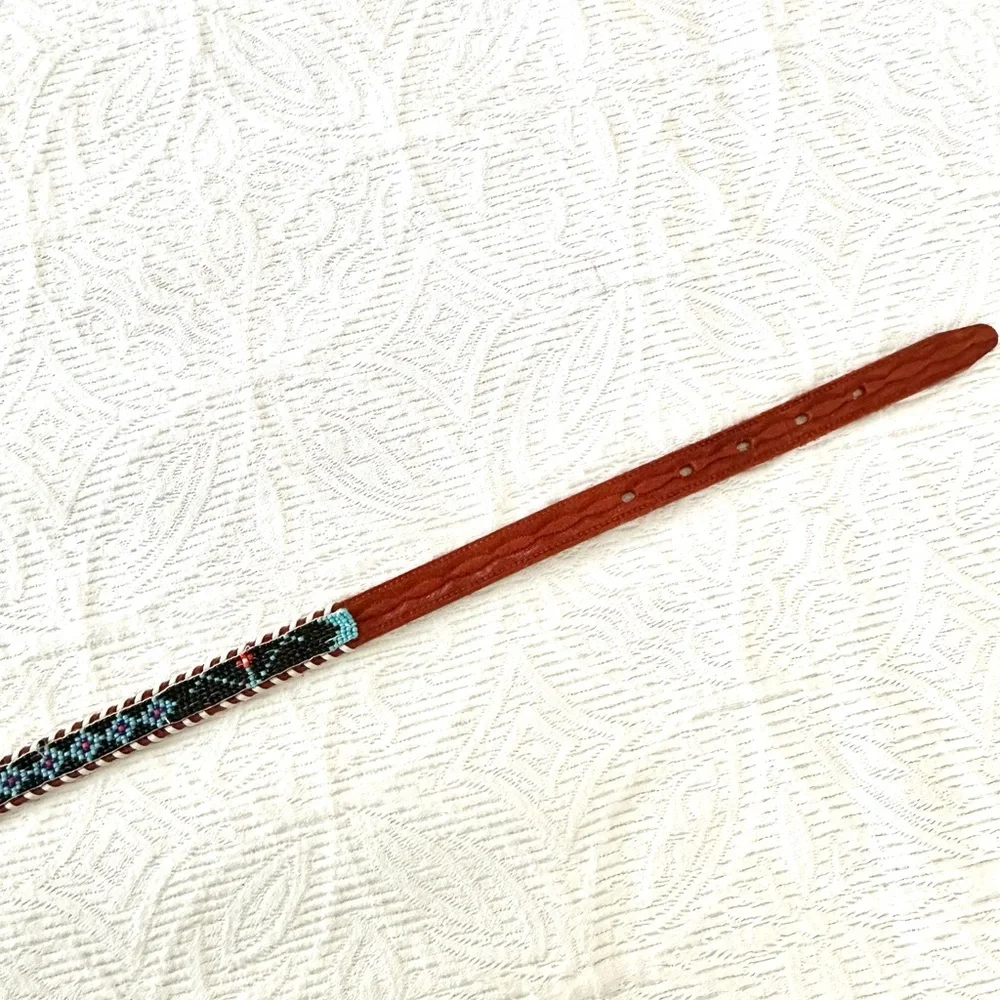 Vintage Brown Leather Belt with Multicolor Beadwork